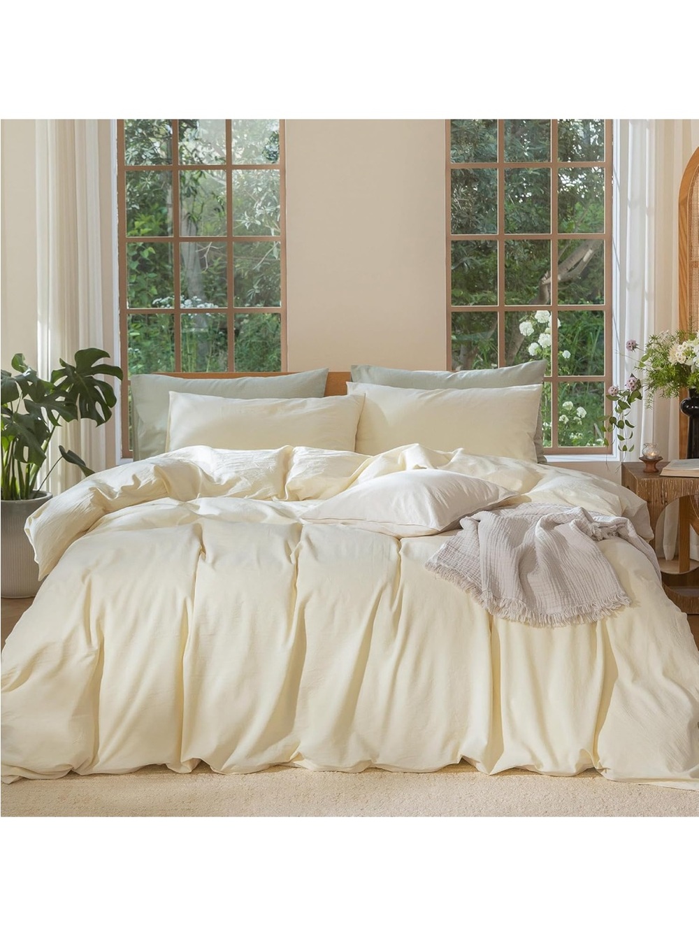 NEW MooMee Bedding Duvet Cover Set 100% Washed Cotton Linen Like Texture, Cream